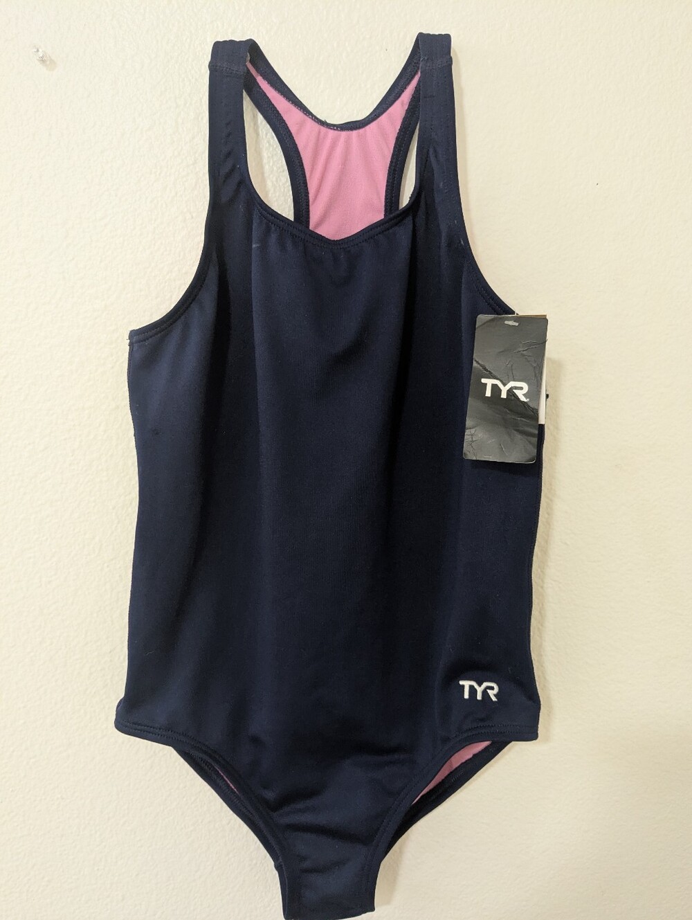 TYR girls practice swimsuit, navy, tag L 10/12, fits smaller